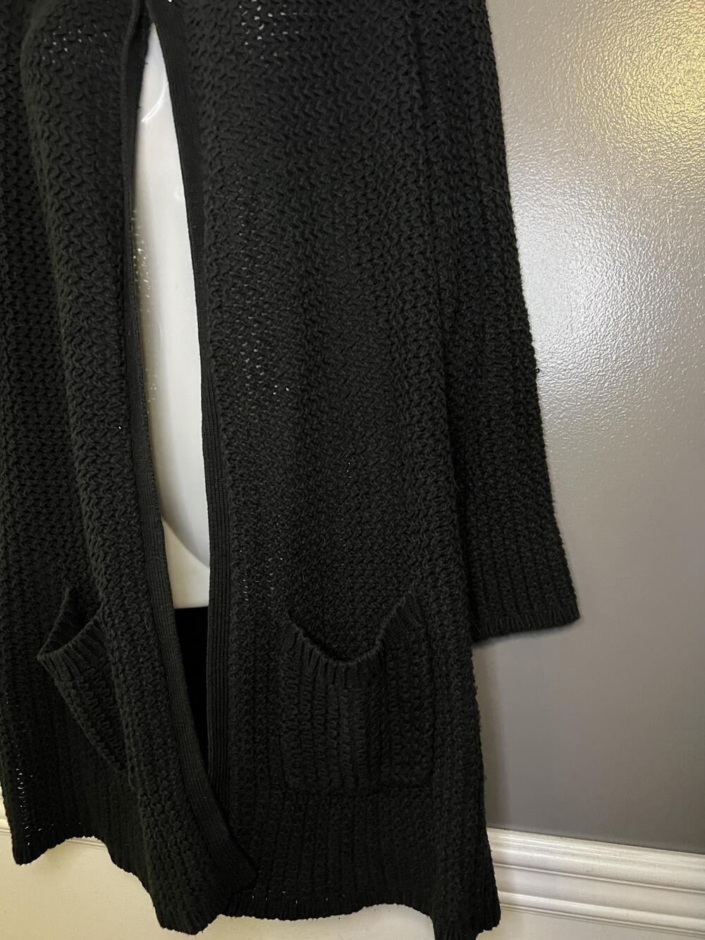 Lucky Brand Cardigan Sweater Womens Medium Black Open Knit Long Duster Pockets - Picture 5 of 9
